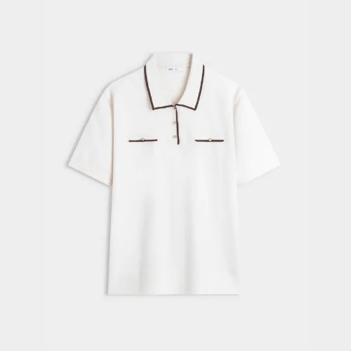 Women's polo neck sweater, color-blocked, short sleeve, slim fit